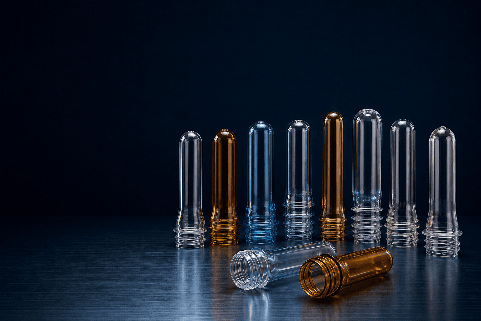 Clear, blue, and amber PET preforms arranged for bottle and jar applications